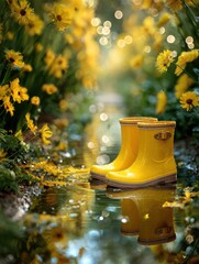 Yellow rain boots in a puddle amongst yellow flowers.