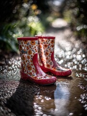 Pair of floral-patterned rain boots standing in a puddle.