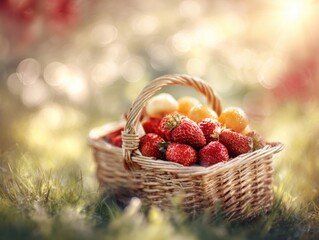 Freshly picked strawberries and other fruits in a wicker basket.