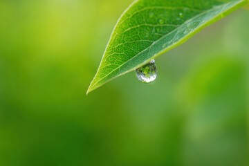 Close-up of a dewdrop hanging from a green leaf.