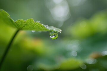 A dewdrop hangs from a vibrant green leaf.