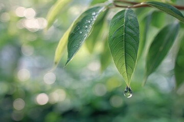 A glistening dewdrop hangs from a vibrant green leaf.