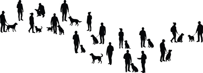 Silhouettes of dog owners walking pets, outdoor companionship, training sessions, black and white illustration, leash control, peaceful park activity
