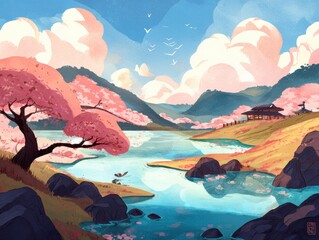 Serene landscape with cherry blossoms and a lake.