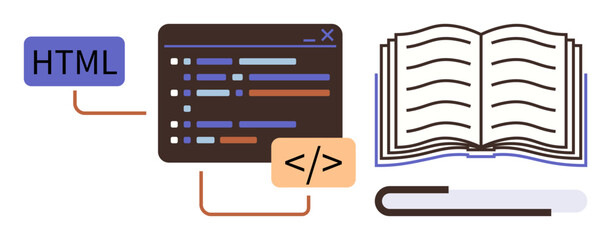 Programming code window linked with HTML and tag element next to open book. Ideal for coding education, web development, programming, e-learning, digital education, technology, knowledge. Simple flat