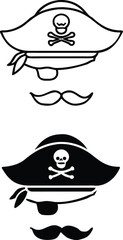 Costume Icons. Black and White Vector Icons. Pirate Hat with Skull and Crossbones. Eyepatch and Mustache. Party Wear. Brazilian Carnival Concept