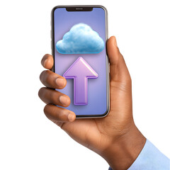 Hand holding smartphone displaying cloud upload icon isolated on transparent background