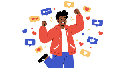 Excited person celebrating social media achievements with heart and li