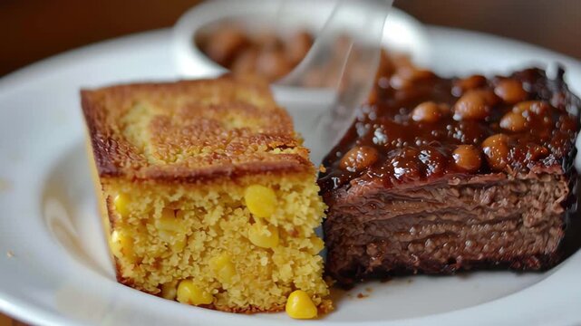Delicious southern-style barbecue with cornbread and beans served on a white plate
