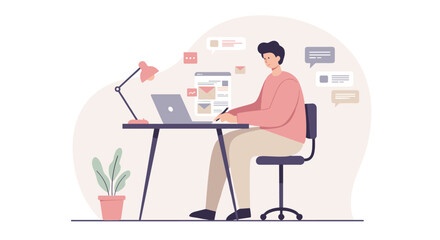 Remote work concept with person on laptop in minimalist workspace