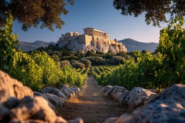 AI-generated illustration of the Acropolis in Athens, Greece, framed by lush vineyards