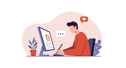 Remote work scene with man typing on computer in minimalist style