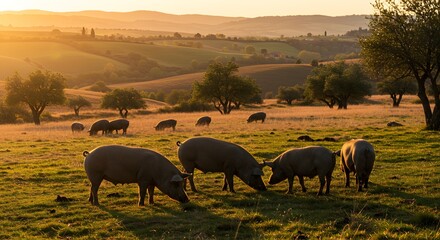 Free-range Pigs Grazing in Golden Sunset Light, Tuscany, Italy