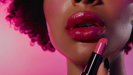 Glossy pink lipstick applied to full lips