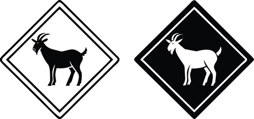 Goat Road Signs. Black and White Vector Icons. Farm, Agriculture. Road Sign Warning Animals Crossing Road. Zoo Sticker
