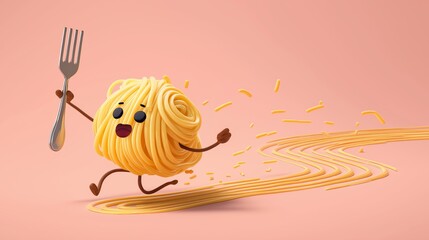3D Cartoon Spaghetti Ball Running with Fork