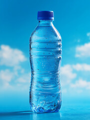 Clear blue water bottle photographed against open sky with soft clouds