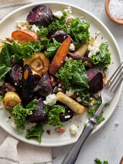 Top view healthy vegetarian dinner with root vegetables salad