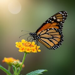 Fototapeta premium A monarch butterfly sips nectar from a yellow flower, wings open under the glow of early morning sunlight.