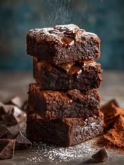 Chocolate brownies stacked on rustic wooden surface in side-lit scene