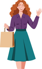 Woman with curly hair waving hand holding shopping bag in purple blouse and teal skirt vector illustration 