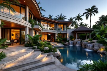 Obraz premium Luxury Modern Villa with Swimming Pool and Tropical Landscaping at Dusk