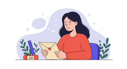 Smiling woman with letter and plants in minimalist flat art style