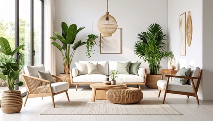 Bright living room with woven accents, plants, and natural light