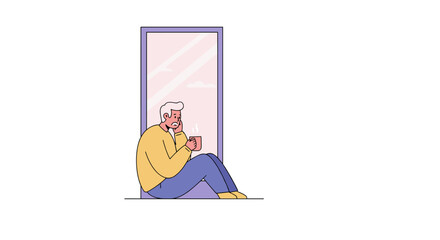 Man relaxing with hot drink by window in minimalist style