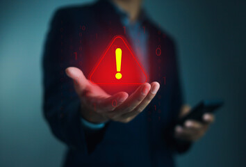 Warnings exclamation mark alerts in computer systems to be aware of the dangers and risks of cyberattacks on the Internet. Malicious software to secure online logins on websites	