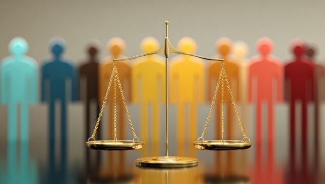 Golden scales of justice with diverse figures. - Powered by Adobe