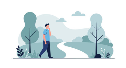 Serene outdoor walk in minimalist nature landscape with flat design