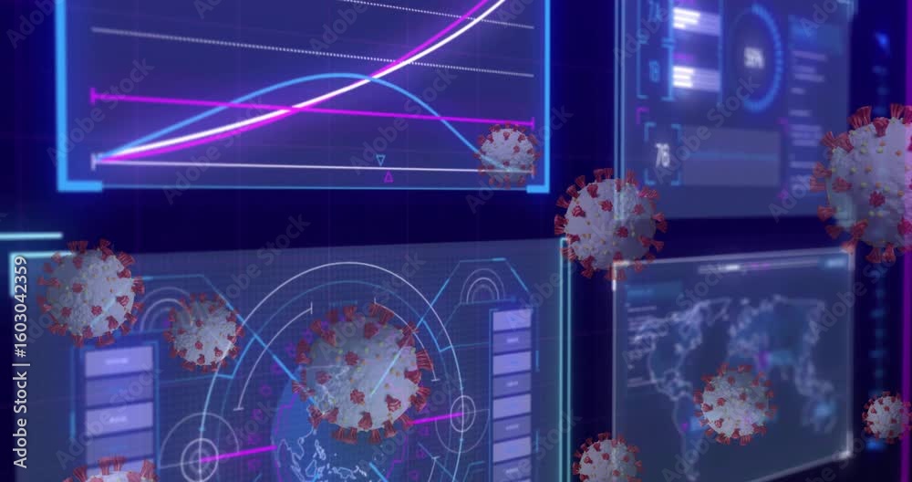 Poster virus models emerging from right drifting across neon panels simulating outbreak and obscuring data