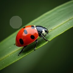 Fototapeta premium Close-up of a red and black ladybug walking on a long, slender green leaf, with soft background and clear detail.