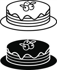 Pancakes Icons. Black and White Vector Illustration. Thin Fried Round Flatbreads with Sour Cream and Blueberries. Tasty Food. Fast Food Concept
