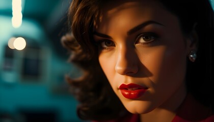 A striking female face as a graphic resource: close-up beauty in bright neon multi-colored lighting, fantastic and realistic at the same time, with an emphasis on the mesmerizing look of bottomless ey