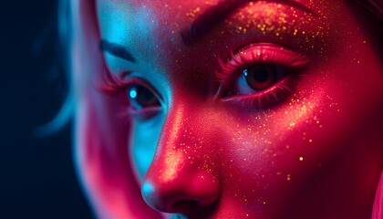 A striking female face as a graphic resource: close-up beauty in bright neon multi-colored lighting, fantastic and realistic at the same time, with an emphasis on the mesmerizing look of bottomless ey