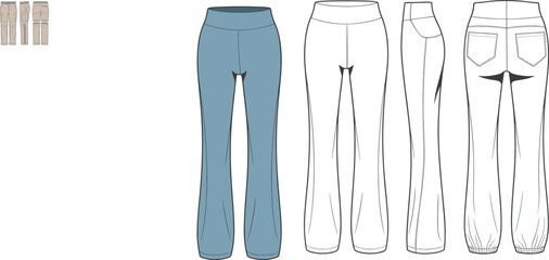 Cargo pants CAD drawing, flat vector fashion illustration with flared hem, elastic cuffs, multi-view layout, front side back outlines