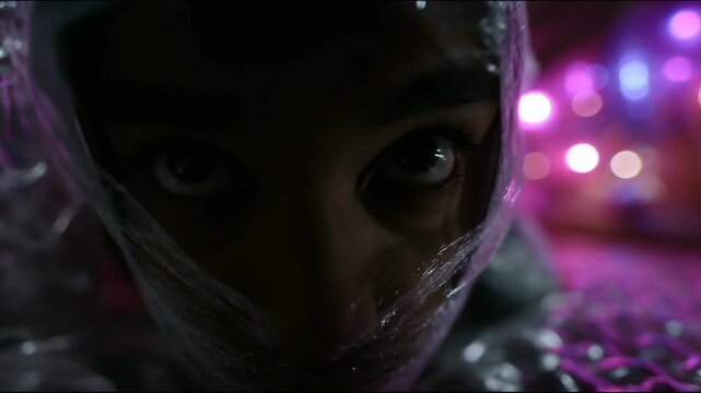 A man in a bubble wrap hood looks out of a tunnel surrounded by glowing bubbles in purple and pink tones