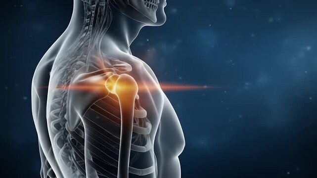 Transparent human shoulder anatomy with glowing joint pain indicator