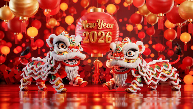 Vibrant chinese new year celebration with two traditional lion dance figures in front of a large red ornament wishing a happy new year 2026 adorned with festive balloons