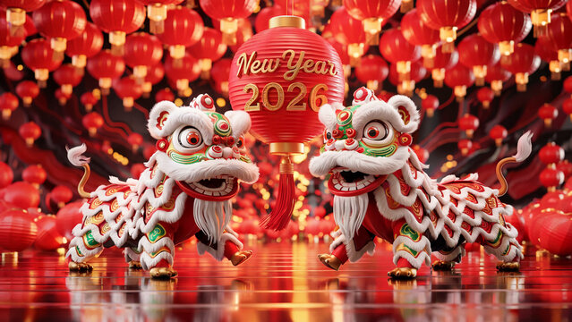 Vibrant chinese new year celebration featuring two intricately decorated lion dance costumes illuminated by a large red lantern with happy new year 2020 text