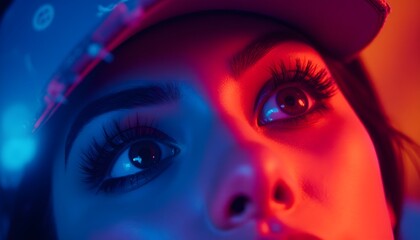 A striking female face as a graphic resource: close-up beauty in bright neon multi-colored lighting, fantastic and realistic at the same time, with an emphasis on the mesmerizing look of bottomless ey