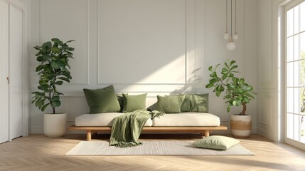 Naklejka premium Sunlight-drenched, minimalist living room