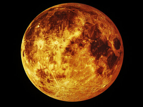 Fiery orange planet with glowing surface floating on black background, digital art - Powered by Adobe