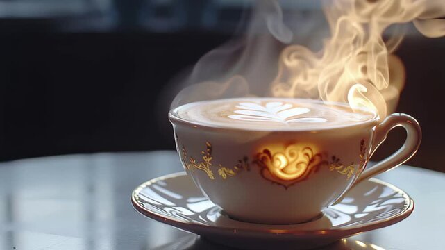 Warm latte art steaming in an ornate cup sitting on a reflective table in a cozy cafe setting