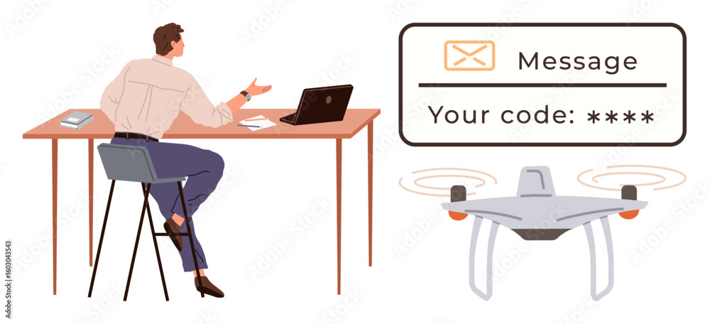Poster man seated at desk with laptop interacting while receiving secure authentication code via drone deli