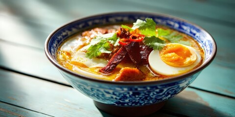 Watercolor Illustration of Malaysian Asam Laksa in a Bowl