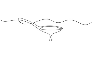 Continuous one line drawing of honey in spoon, Single line drawing illustration of fresh honey drips from a spoon. Editable outline