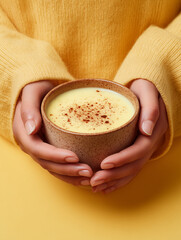 Hands holding bowl of cappuccino with foam isolated on orange background, photograph